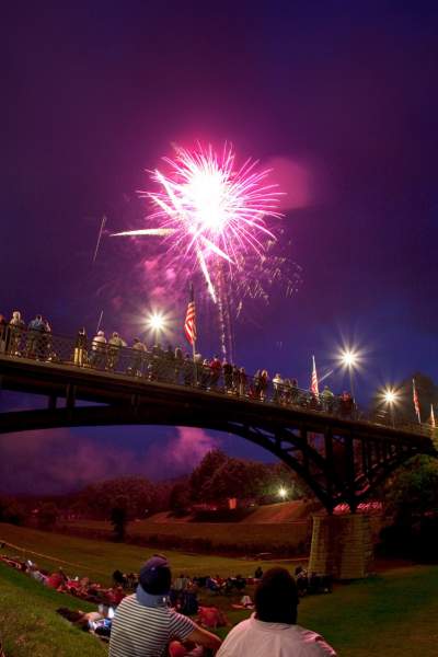 People sitting in a park alongside a bridge, watching fireworks in the sky