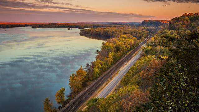 Overhead view of fall colors on the Great River Road next to the Mississippi river